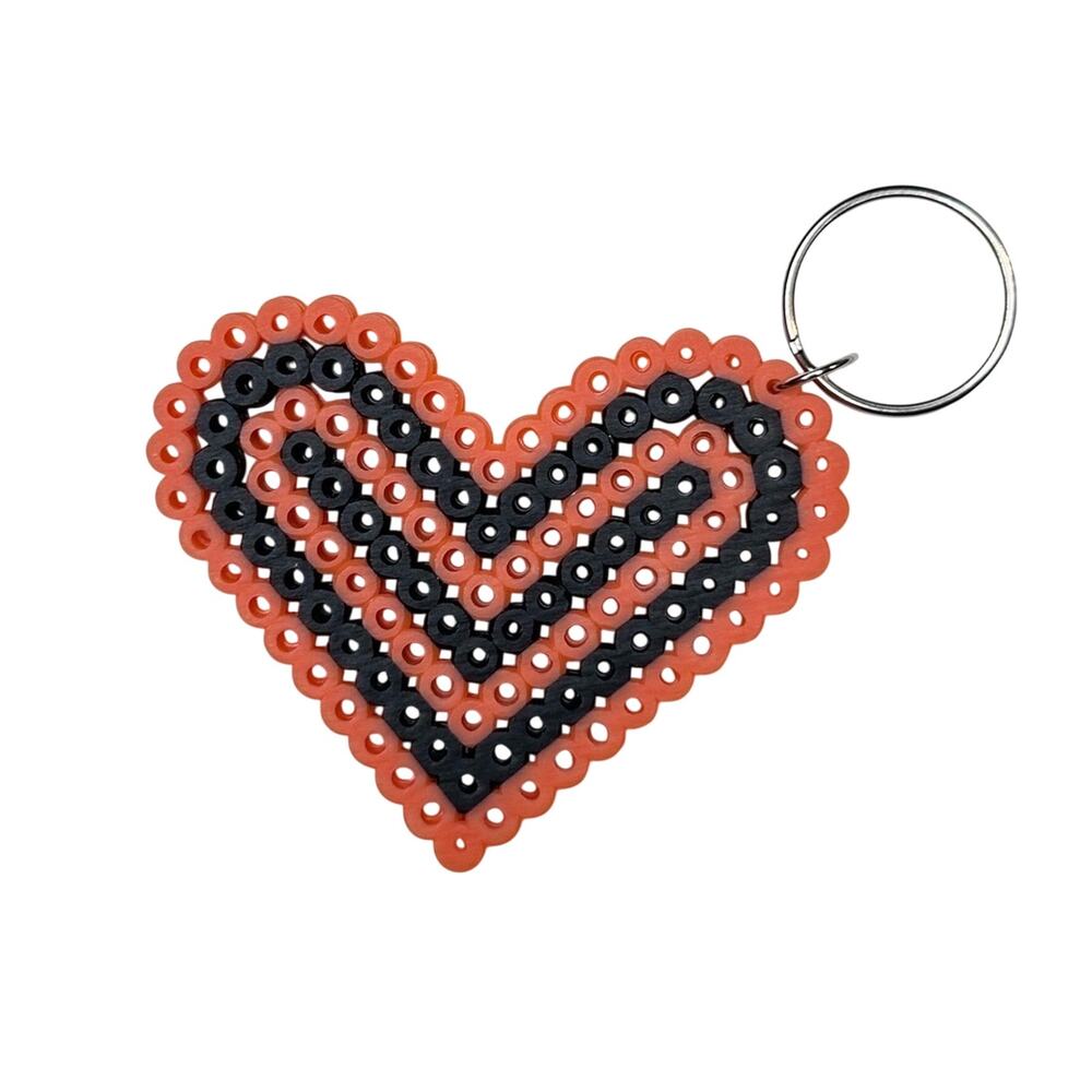 Black and orange heart keychain handmade with perler beads